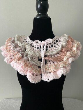 Handmade Crochet Light Pink Grey Cream Large Ruffle Collar Neckwear Accessory